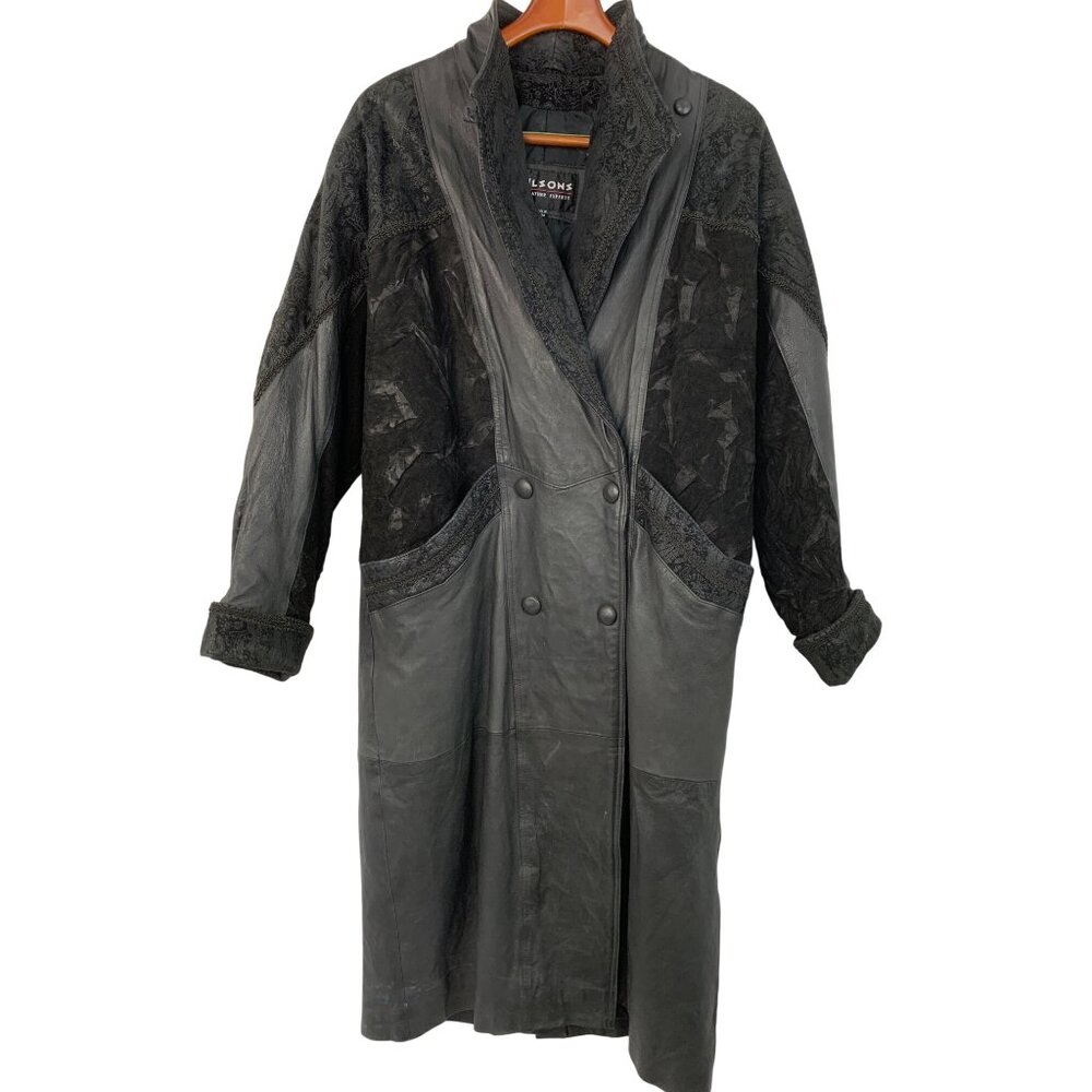 L/XL Vintage 80s Wilsons Leather Black Mid-Length Coat Relaxed Fit 8709 Dolman